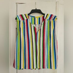 Vintage 70's Rainbow Striped V-Neck Sleeveless Top In Terry Cloth. Handmade.